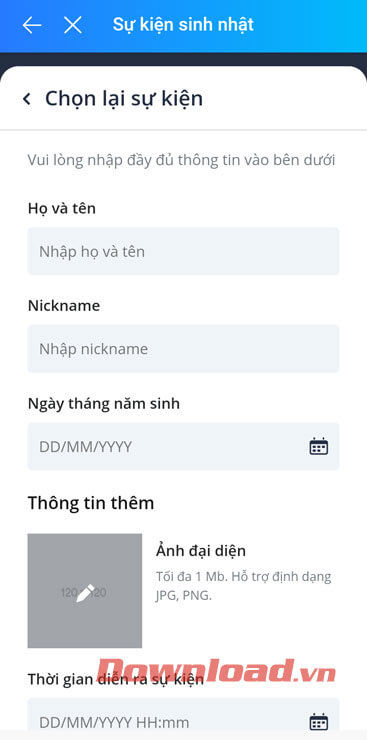 Điền thông tin về sự kiện 