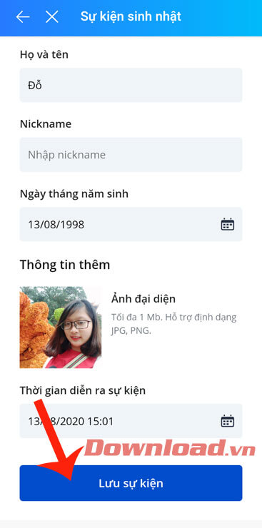 Nhấn nút Lưu sự kiện 