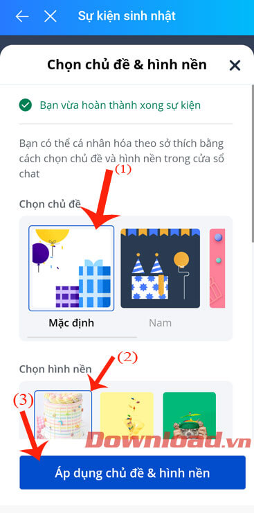 Chọn chủ đề và hình nền cho sự kiện 