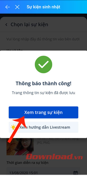 Nhấn vào mục Xem trang sự kiện 