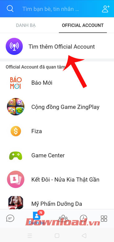 Mở trang Offcial Account trên Zalo