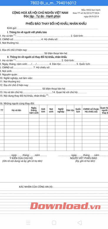 Mẫu phiếu báo thay đổi hộ khẩu, nhân khẩu