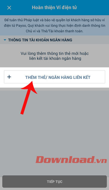 Nhấn vào mục Thêm thẻ/ngân hàng liên kết
