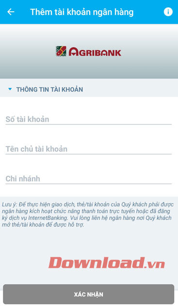 Điền thông tin về tài khoản ngân hàng