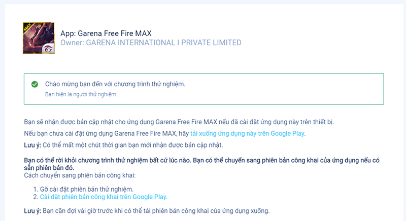 Màn hình sau khi trở thành người thử nghiệm.