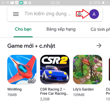 Tick vào ảnh đại diẹn tài khoản Google Play.
