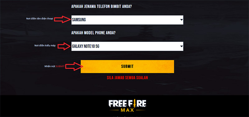 Điền tên điện thoại và kiểu máy rồi nhấn nút SUBMIT