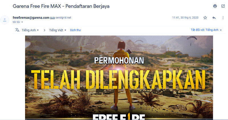 Thư Garena sẽ gửi đến gmail của bạn