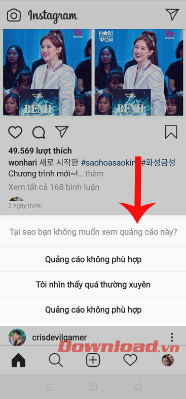 Chọn lý do muốn ẩn quảng cáo