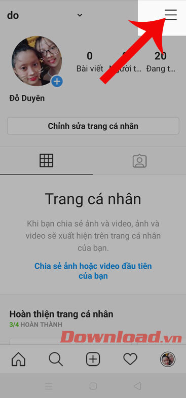 Nhấn vào ba dấu gạch ngang