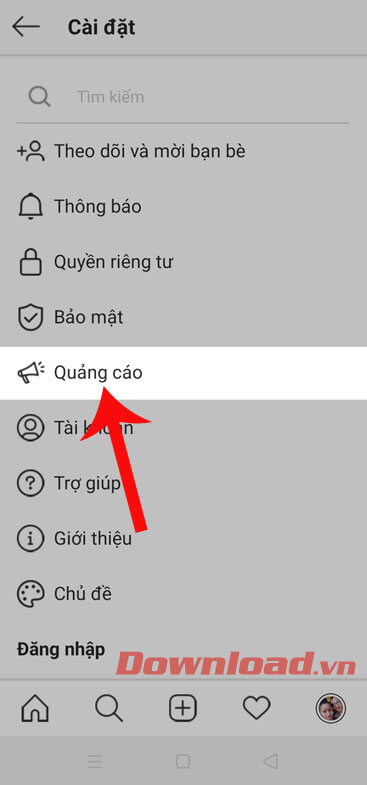 Chọn mục Quảng cáo