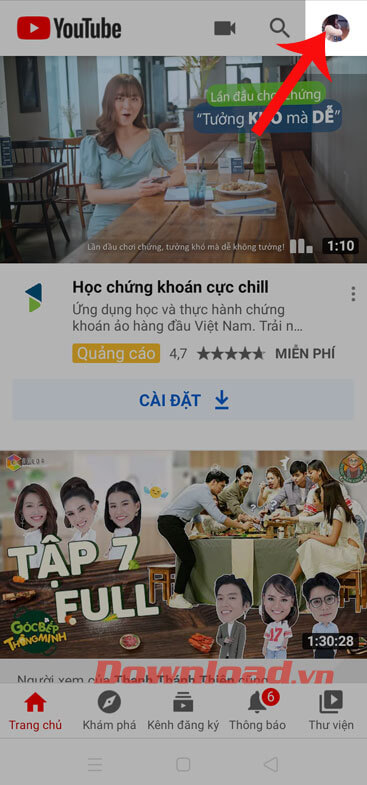 Nhấn vào hình ảnh đại diện tài khoản Youtube