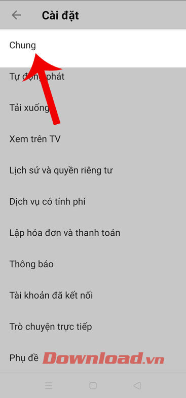 Ấn vào mục Chung