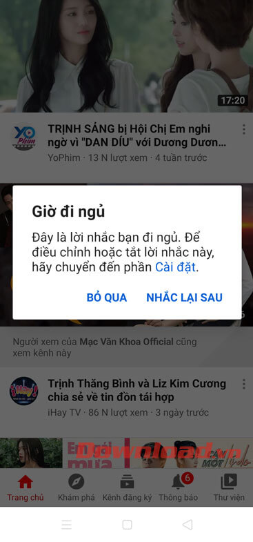 Thông báo hiển thị nhắn nhở giờ đi ngủ