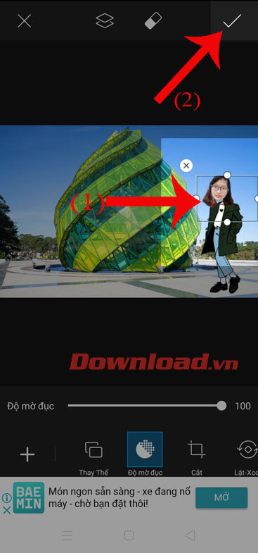 Điều chỉnh kích thước của hình ảnh và nhấn vào biểu tượng dấu tick