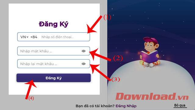 Nhấp số điện thoại và mật khẩu