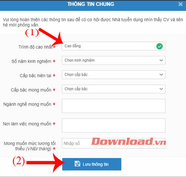 Nhập thông tin cá nhân và án nút Lưu thông tin 