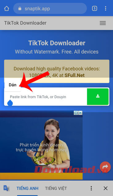 <p><strong>Bước 5:</strong> Dán link liên kết của video vào khung <strong>Paste link from TikTok, or