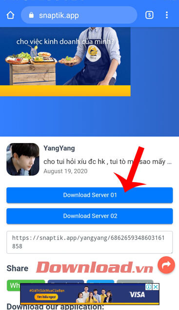 <p><strong>Bước 8:</strong> Ấn vào nút<strong> Download Server 01</strong> để lưu lại video vào điện