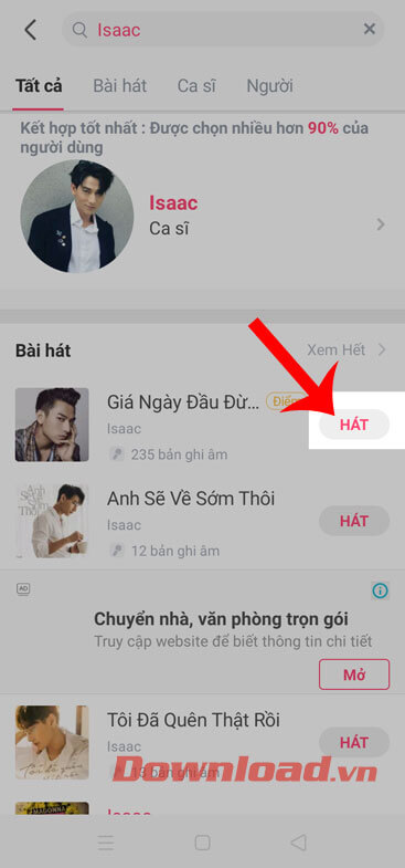 Chạm vào nút Hát