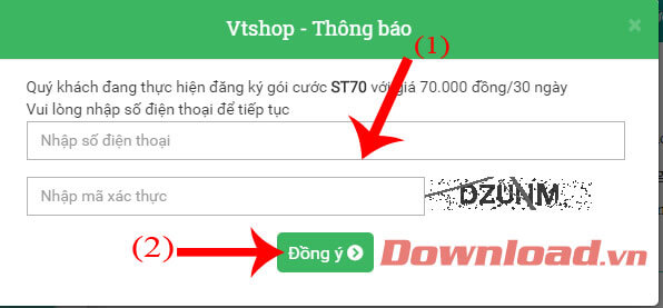 Nhập số điện thoại và mã các nhận