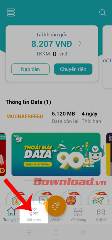 Nhấn vào mục Gói cước