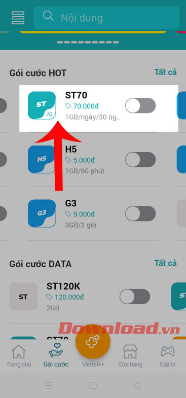 Ấn vào gói cước ST70