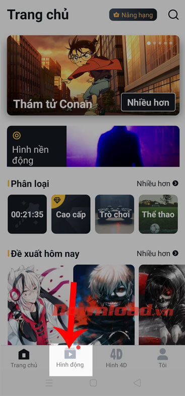 Ấn vào mục Hình động 