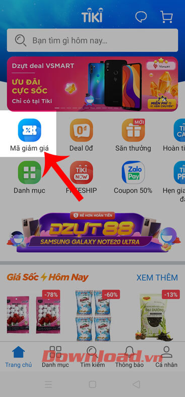 Nhấn vào mục Mã giảm giá