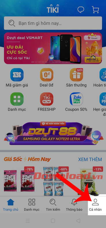 Chạm vào mục Cá nhân