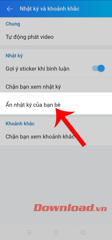 Nhấn vào mục Ẩn nhật ký của bạn bè
