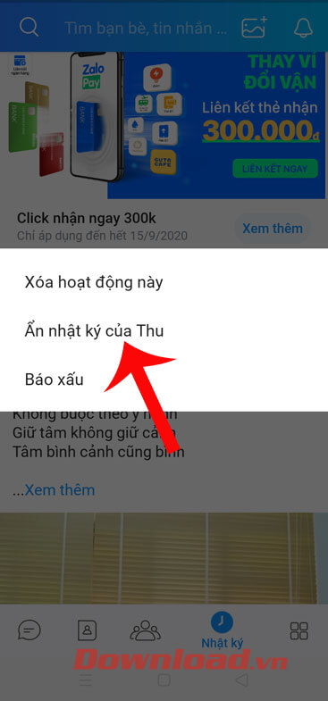 Chạm vào mục Ẩn nhật ký
