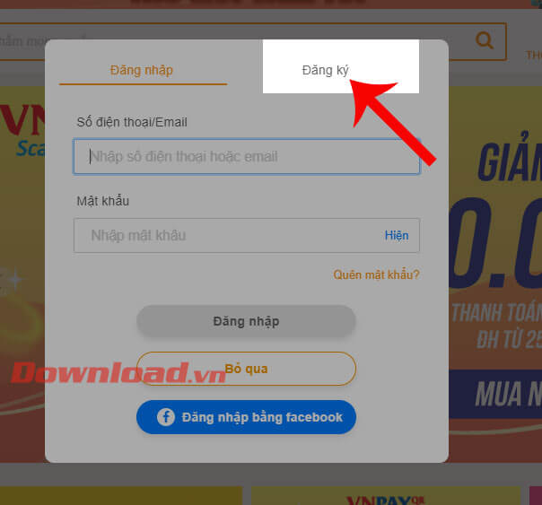 Nhấn vào mục Đăng ký