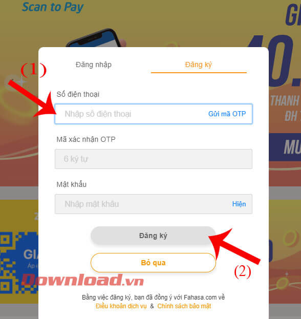 Nhập số điện thoại, mã OTP, mật khẩu