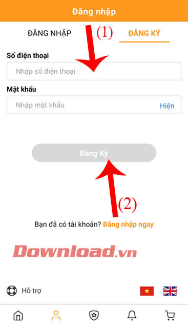 Điền số điện thoại và mật khẩu