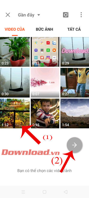 Ấn vào biểu tượng mũi tên