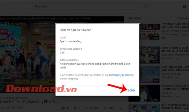 Thông báo đã report video Youtube thành công