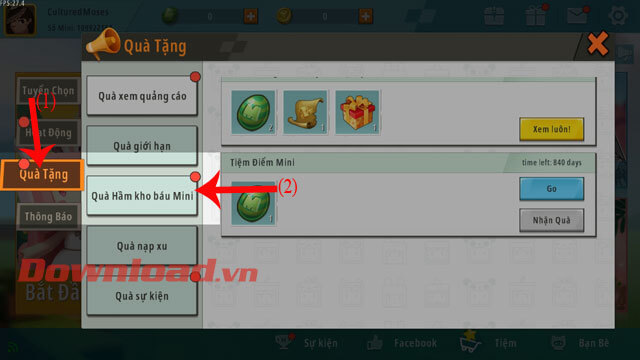 Ấn vào mục Quà tặng và Quà hầm kho báu Mini