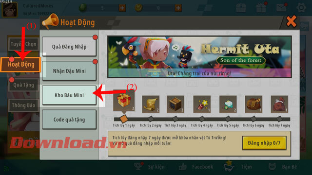Nhấn vào mục Hoạt động và mục Kho báu Mini