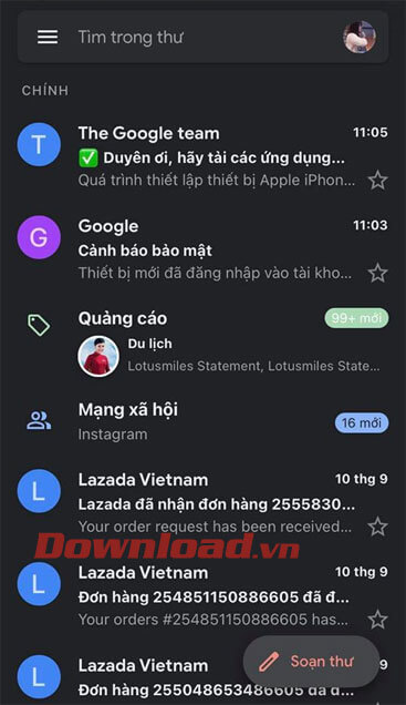 Giao diện Gmail đã chuyển sang nền tối