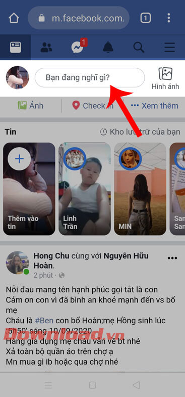 Nhấn vào mục Bạn đang nghĩ gì.