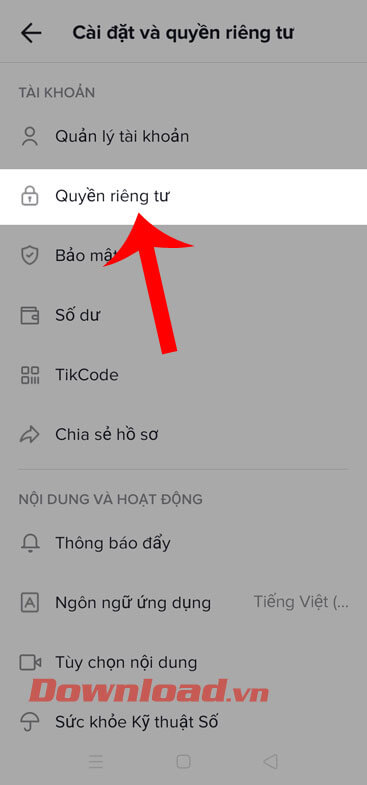 Ấn vào mục Quyền riêng tư