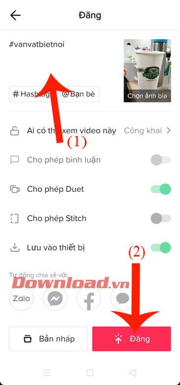 Viết Satus và ấn vào nút Đăng