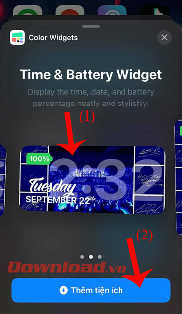 Chọn size và ấn nút Thêm tiện ích