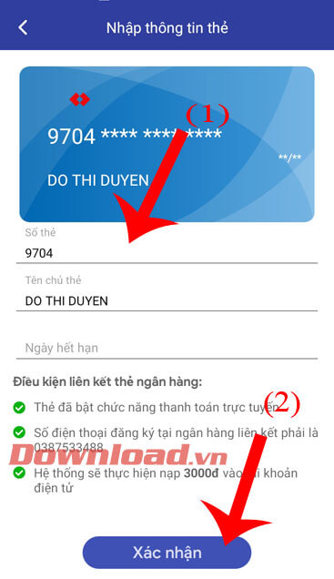 Điền số thẻ ngân hàng và ngày hết hạn