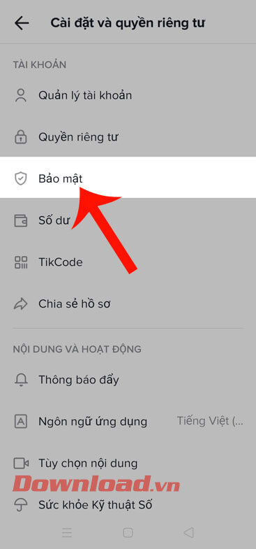Ấn vào mục Bảo mật