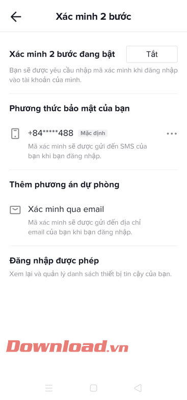 Chế độ bảo mật 2 lớp đã được bật thành công