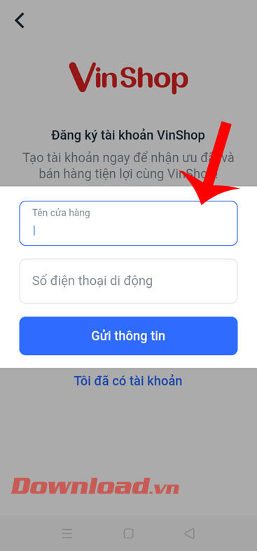 Nhập tên cửa hàng và số điện thoại
