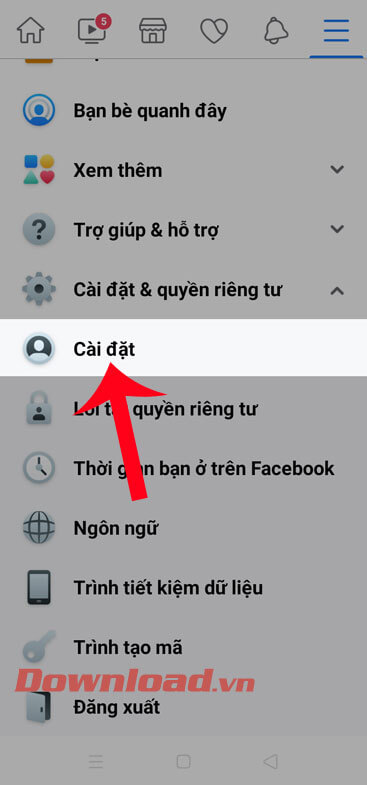 Chọn mục Cài đặt