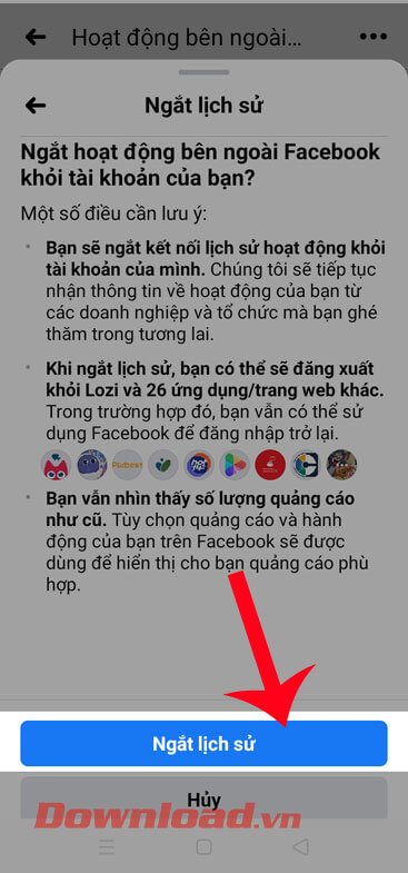 Chạm vào nút Ngắt lịch sử